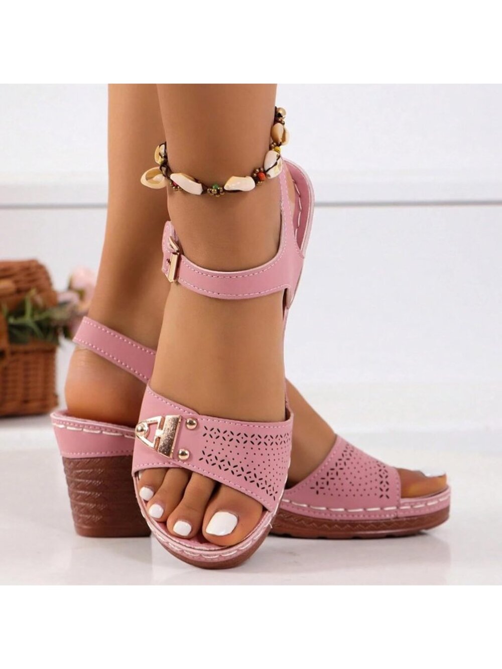 Women's Pink Dressy Low Block Chunky Heels Ankle Strap Comfortable Open Toe - Picture 3 of 7